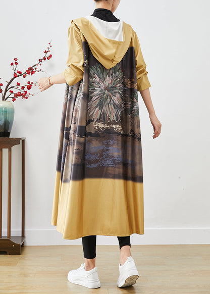 Yellow Hooded Print Cotton Trench Coats Fall
