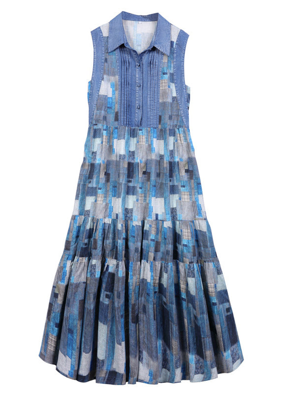 Natural Blue Button Cinched Peter Pan Collar Plaid Patchwork Dress Sleeveless