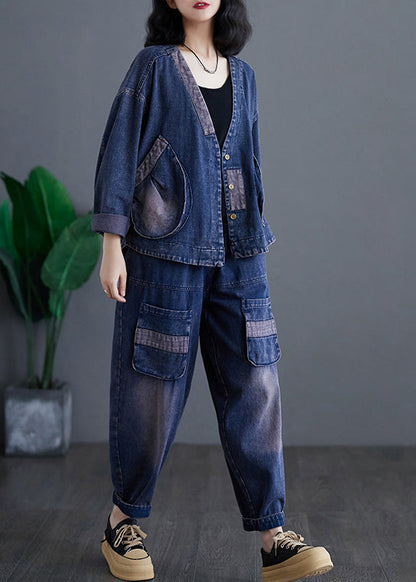 Navy V Neck Patchwork Denim Coats and Harem Pants Two Pieces Sets Long Sleeve