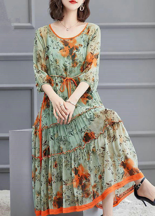 Light Green O-neck Tie Waist Wrinkled Silk Dress Spring