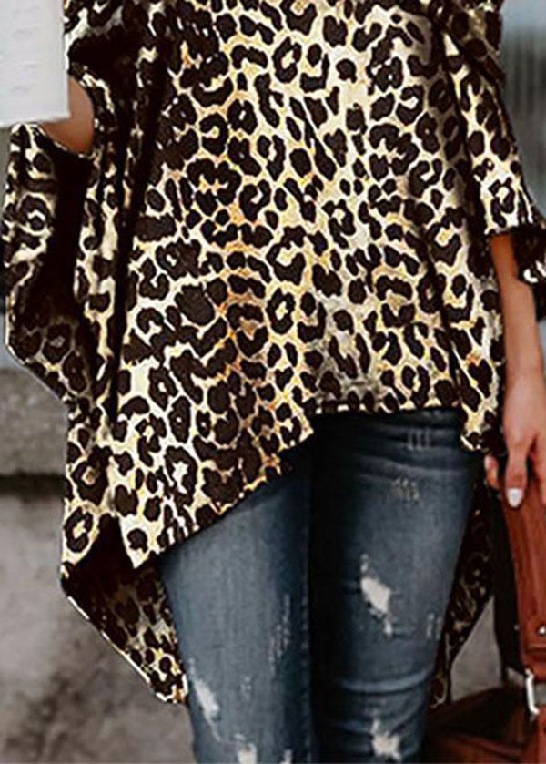Slash Neck Asymmetrical Design Off the Shoulder Leopard Print Top Summer
