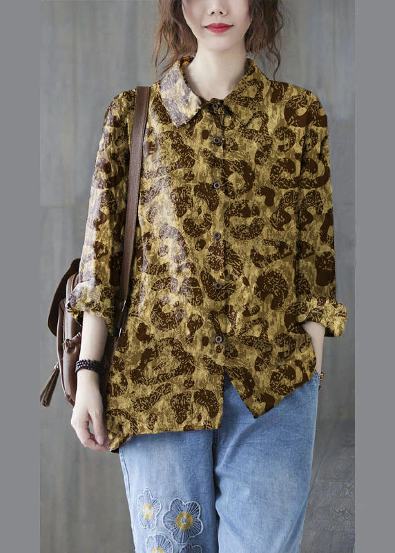 Unique Yellow Leopard Print Peter Pan Collar Button Print Fall Blouses Long Sleeve