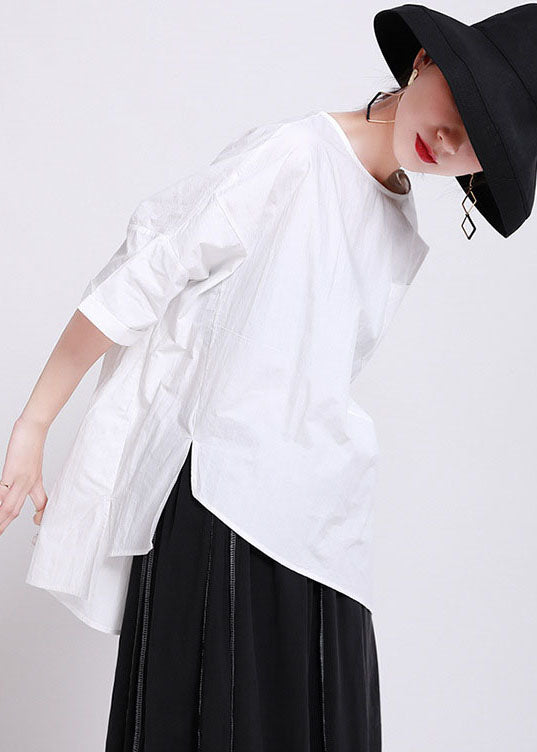 Classy Black O-neck Oversized Side Open Cotton Blouses Batwing Sleeve