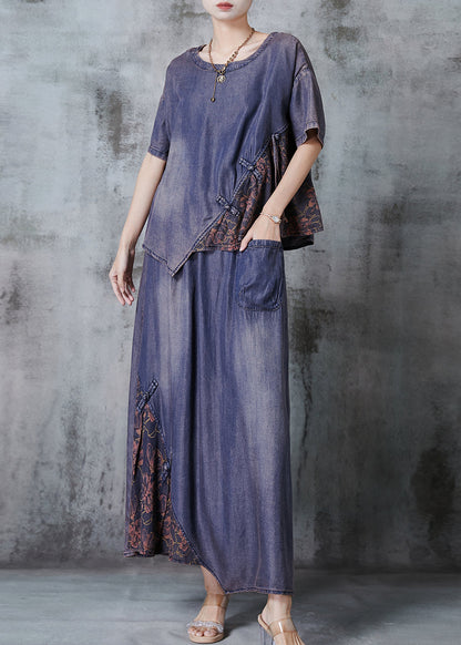 Diy Blue Asymmetrical Patchwork Chinese Button Denim Two Piece Suit Set Summer
