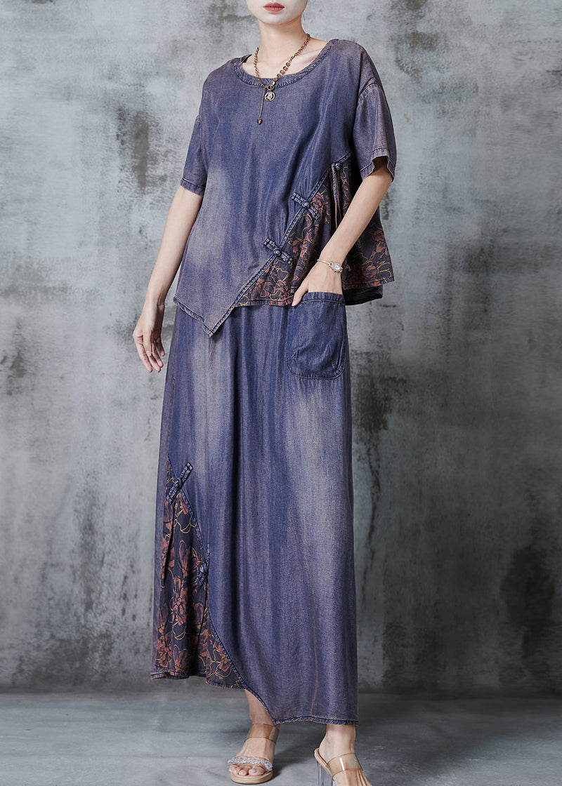 Diy Blue Asymmetrical Patchwork Chinese Button Denim Two Piece Suit Set Summer