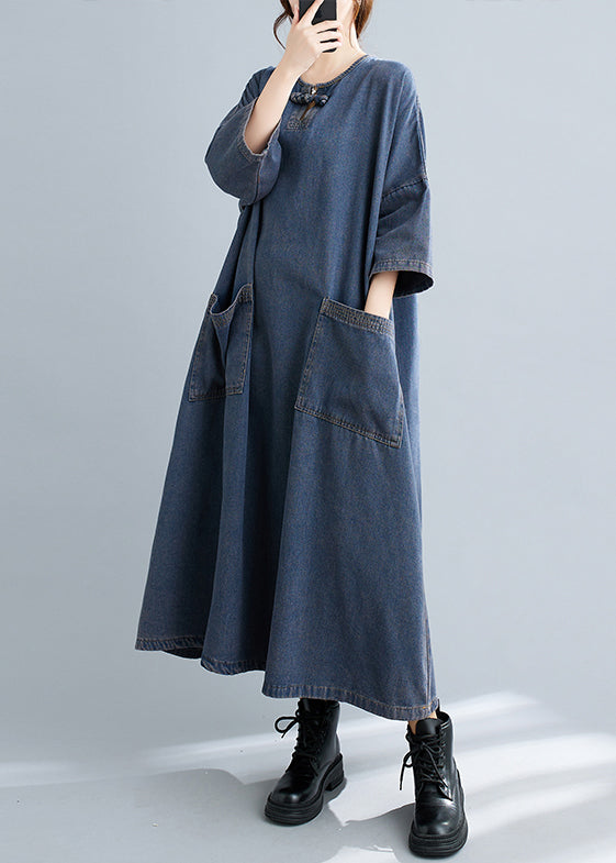 Blue O Neck Pockets Patchwork Denim Long Dresses Fall