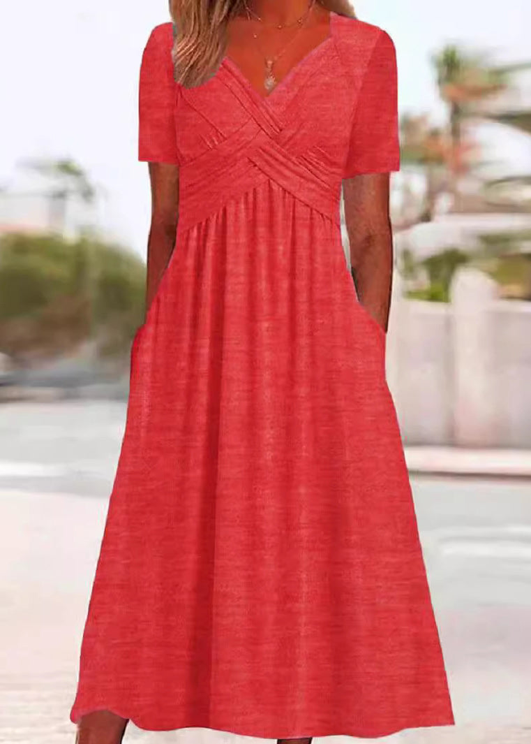 New Green V Neck Pockets Cotton Long Dress Summer