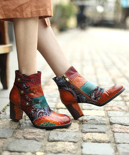Brown Embossed Splicing Chunky Heel Boots