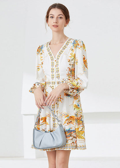 White V Neck Print Chiffon Mid Dress Spring