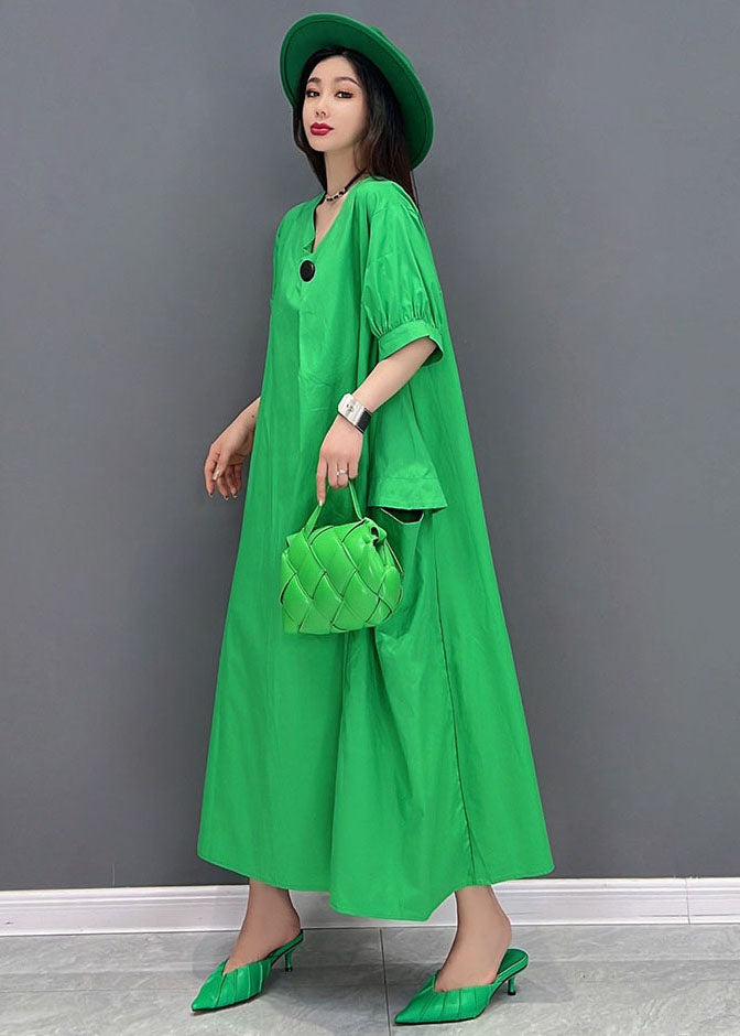 Green V Neck Big Pockets Cotton Maxi Dress Short Sleeve