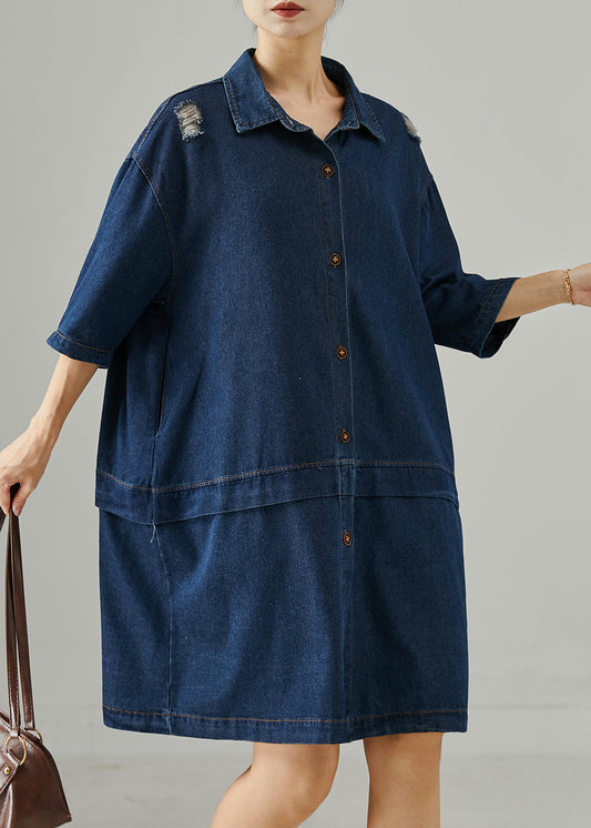 Navy Oversized Patchwork Denim Ripped Dresses Summer