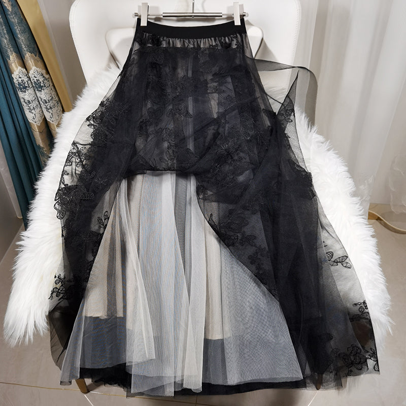 Black Embroideried Butterfly Tulle High Waist Summer Skirts