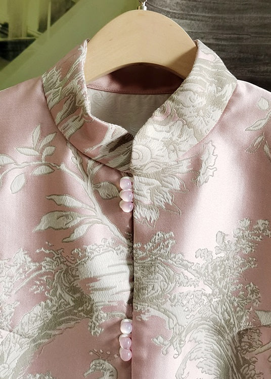 Pink Stand Collar Peacock Jacquard Silk Vest Sleeveless