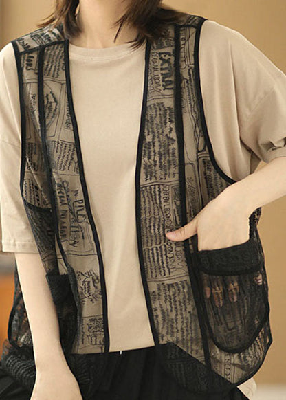 Khaki O-neck Color Cotton Tanks and Black Embroideried Tulle Vest Two Pieces Set Summer