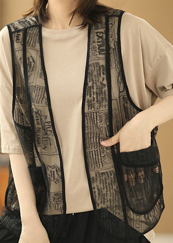 Khaki O-neck Color Cotton Tanks and Black Embroideried Tulle Vest Two Pieces Set Summer