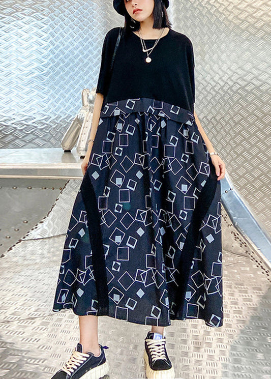 Classy Black O-neck Oversized Patchwork Print Dress Short Sleeve