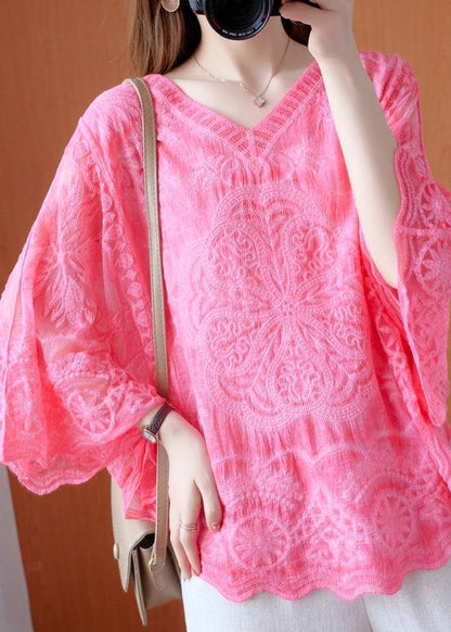 Pink Asymmetrical Design Summer Lace Top