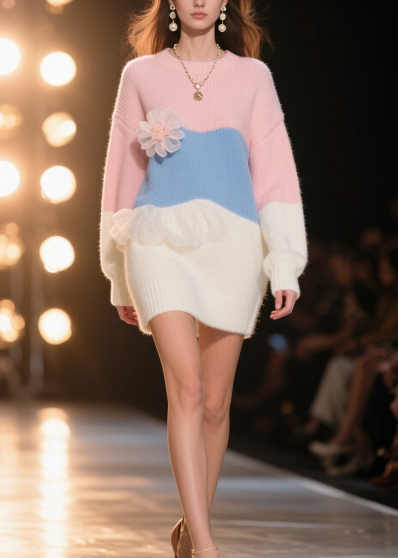 Art Colorblock Ruffled Knit Sweater Dress Winter