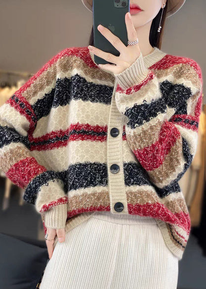 Red Button Patchwork Cashmere Coats Long Sleeve