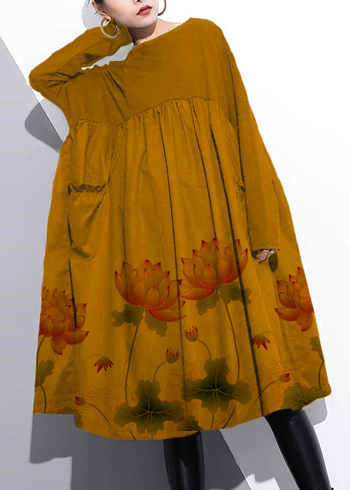 Cinched O Neck Cotton Clothes for Tutorials Yellow Chrysanthemum Dresses