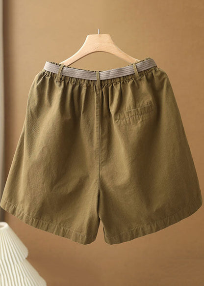 Army Green Elastic Waist Pockets Sashes Cotton Wide Leg Shorts Summer