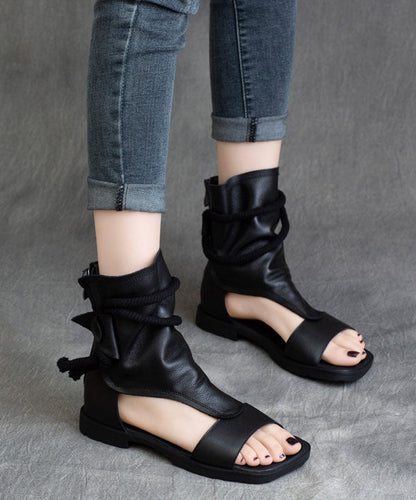 Brown Cowhide Leather Flat Sandals Boots Peep Toe Splicing Zippered
