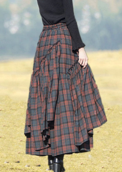 Blue Red Plaid Patchwork Wrinkled Tie Waist Maxi Skirts