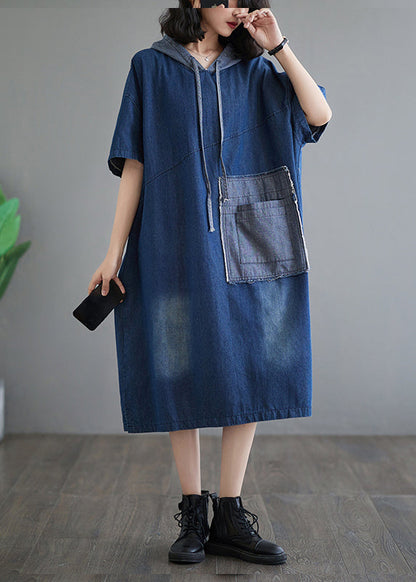Blue Hooded Patchwork Denim Dress Summer