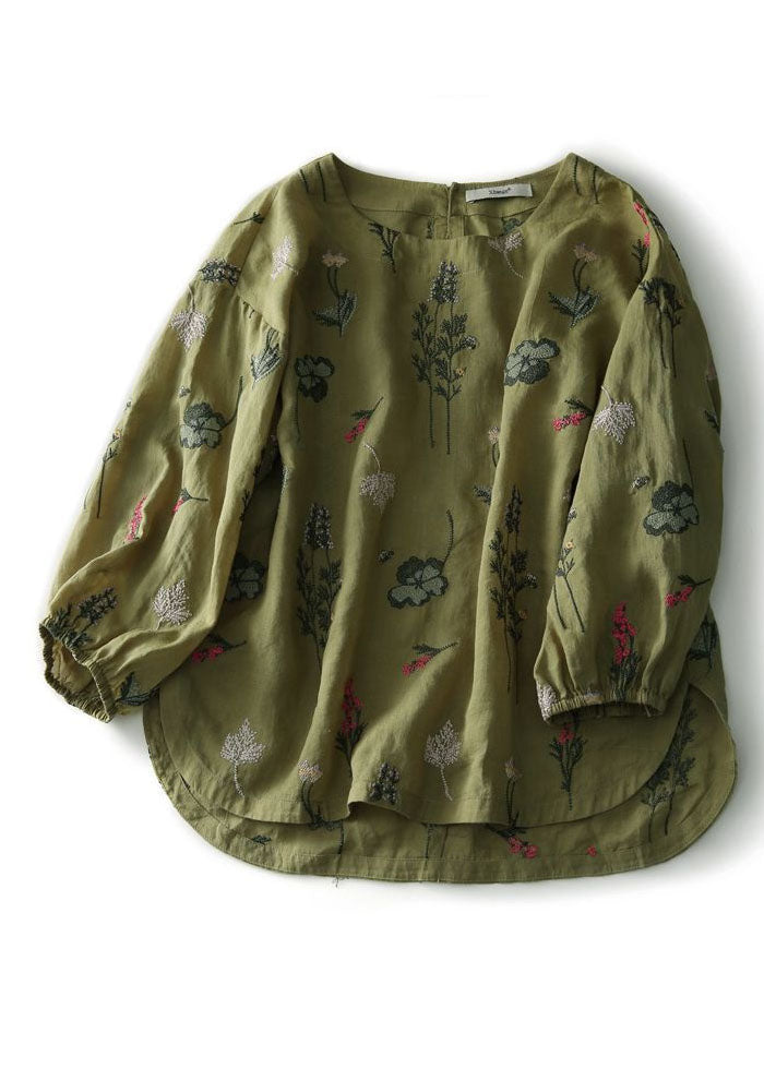Green O-neck Embroideried Patchwork Cotton Tops Summer