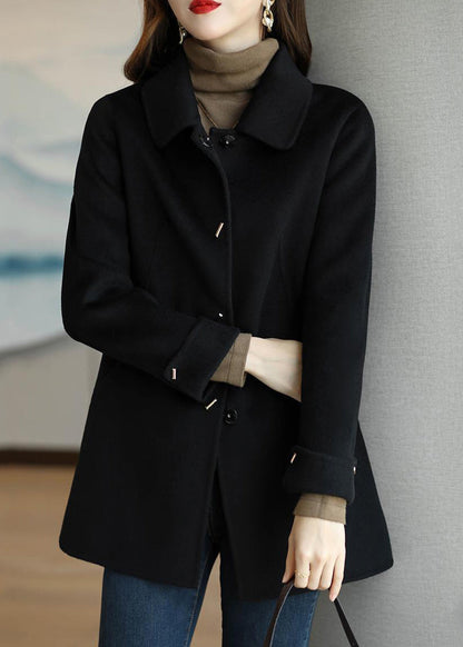 Black Peter Pan Collar Button Down Woolen Coat Fall