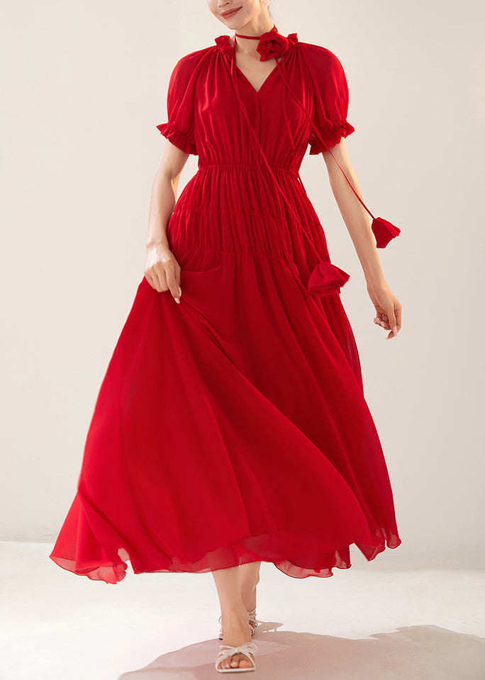 Red Ruffled Elastic Waist Chiffon Long Dresses Summer