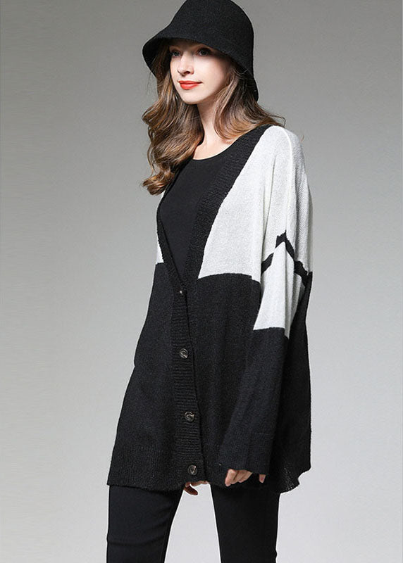 Colorblock Button V Neck Knit Fall Loose Short Cardigans