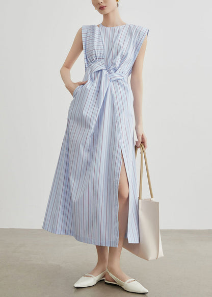 Striped Hollow Out Side Open Cotton Long Dress Sleeveless