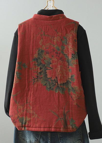 Red Tassel Print Patchwork Fine Cotton Filled Vest Winter