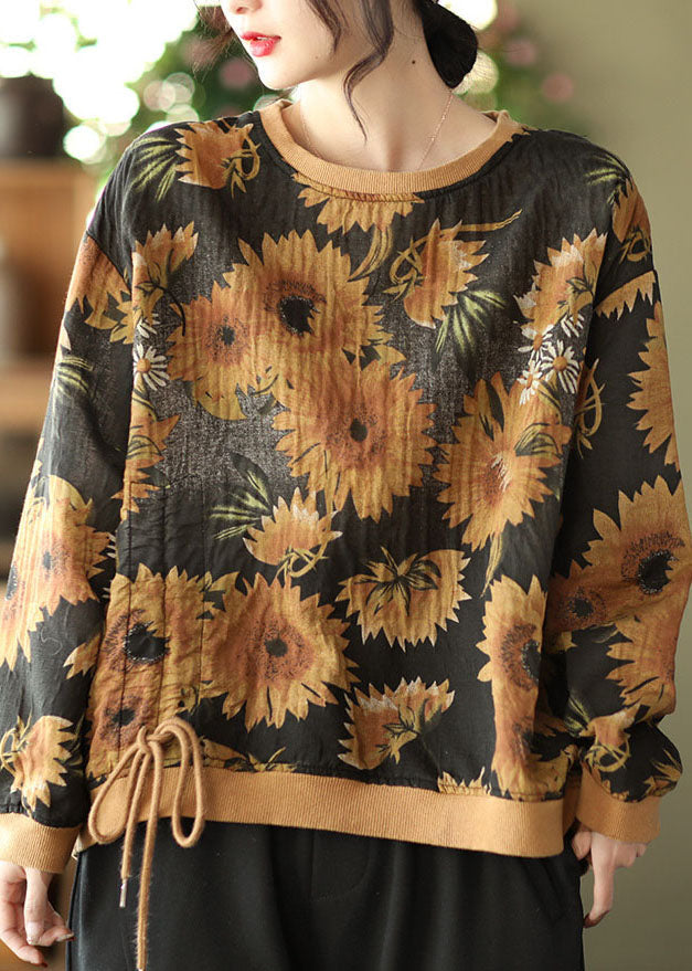 Diy Black O-neck Wrinkled Drawstring Print Pullover Sweatshirt Spring
