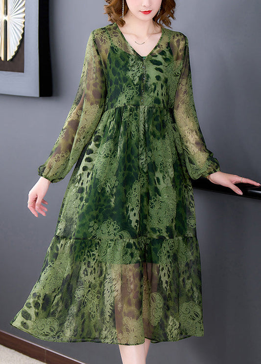 Green V Neck Ruffles Print Chiffon Long Dress Two Piece Set Long Sleeve