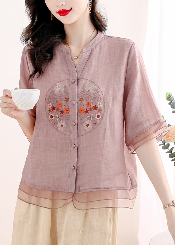 Summer New Linen Embroidered Top and Pants Two Piece Set