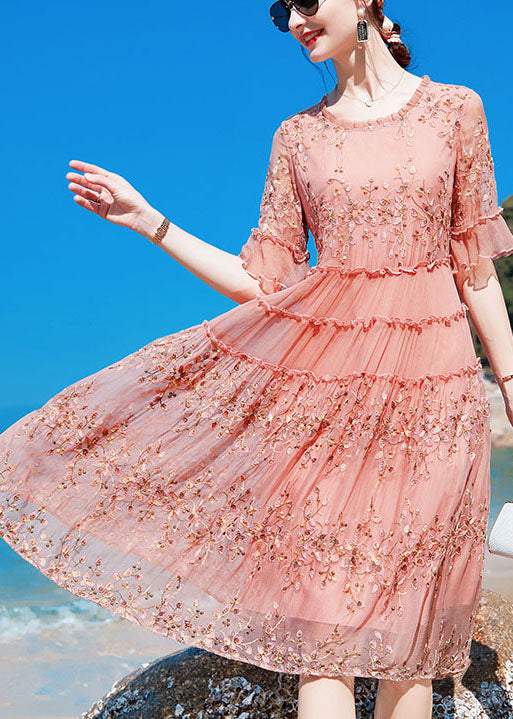 Pink O-neck Ruffled Print Silk Maxi Dresses Short Sleeve