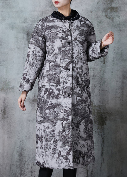 Grey Print Pockets Fine Cotton Filled Coats Winter