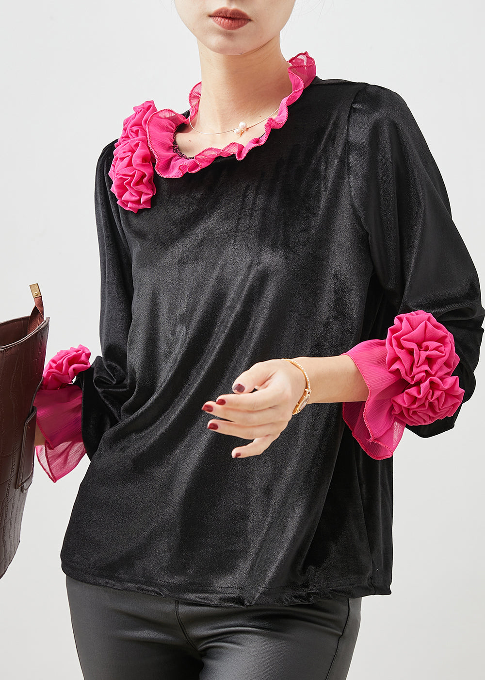 Rose Ruffled Silk Velour Shirt Spring