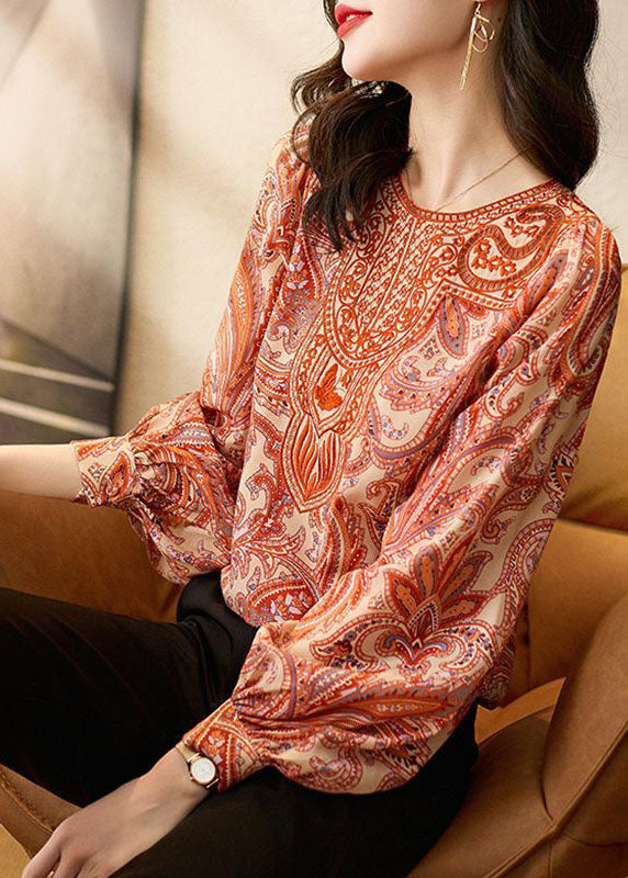 Orange O Neck Print Silk Tops Puff Sleeve