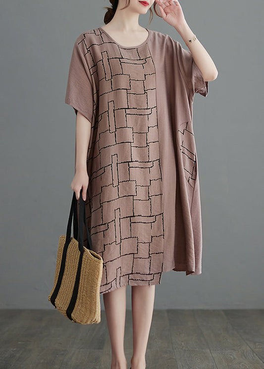 Apricot Loose Cotton Dress O-neck Short Sleeve