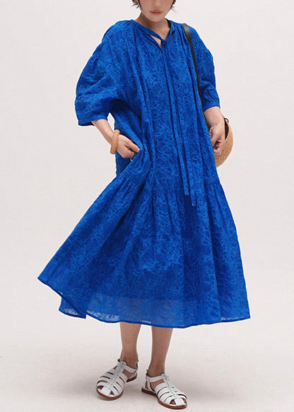 Blue Print Pockets Lace Up Cotton Long Dresses Half Sleeve Fall