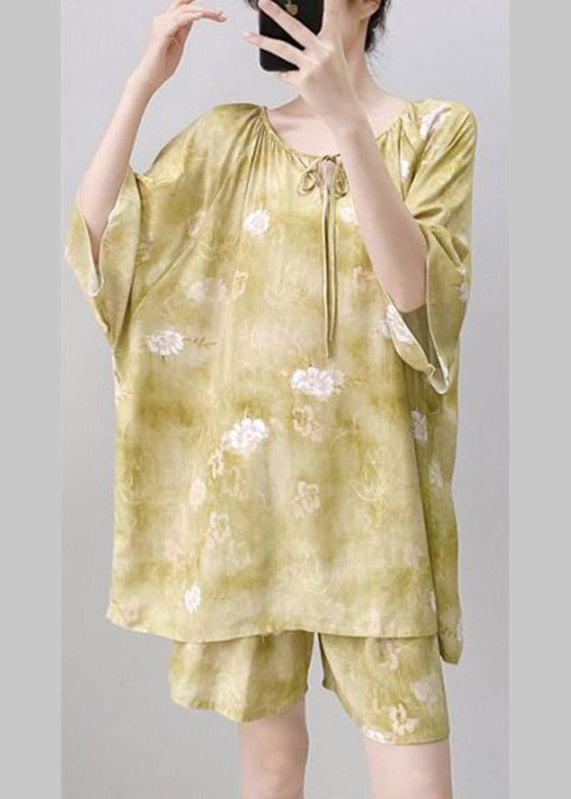 Light Green Print Tie Lace Pajamas Sets