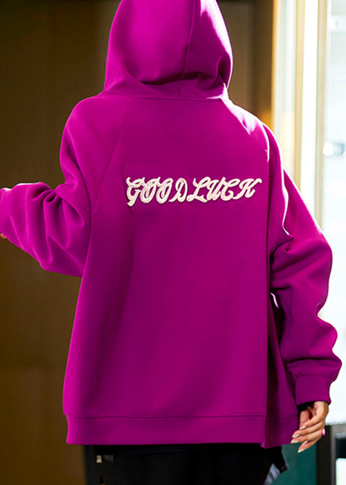 Purple Hooded Zippered Pockets Cotton Coats Spring