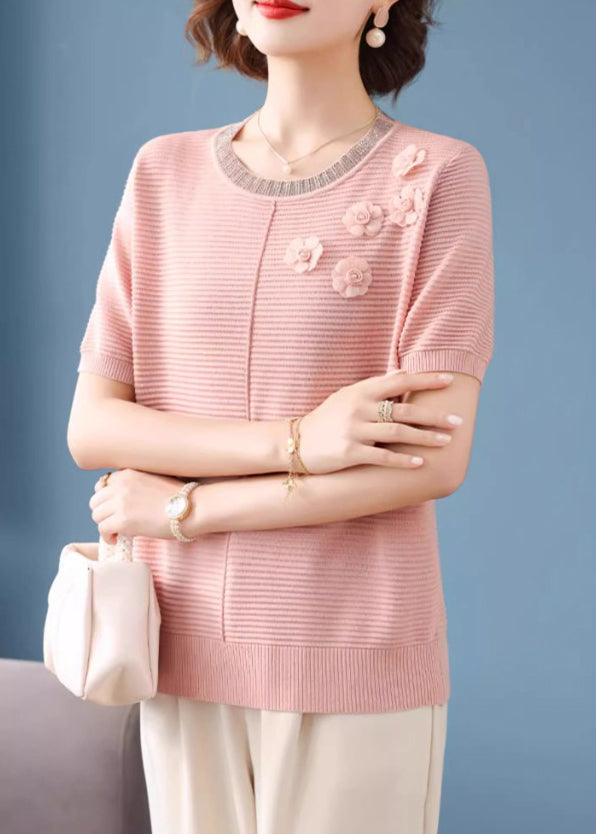 Pink O-neck Patchwork T Shirt Summer