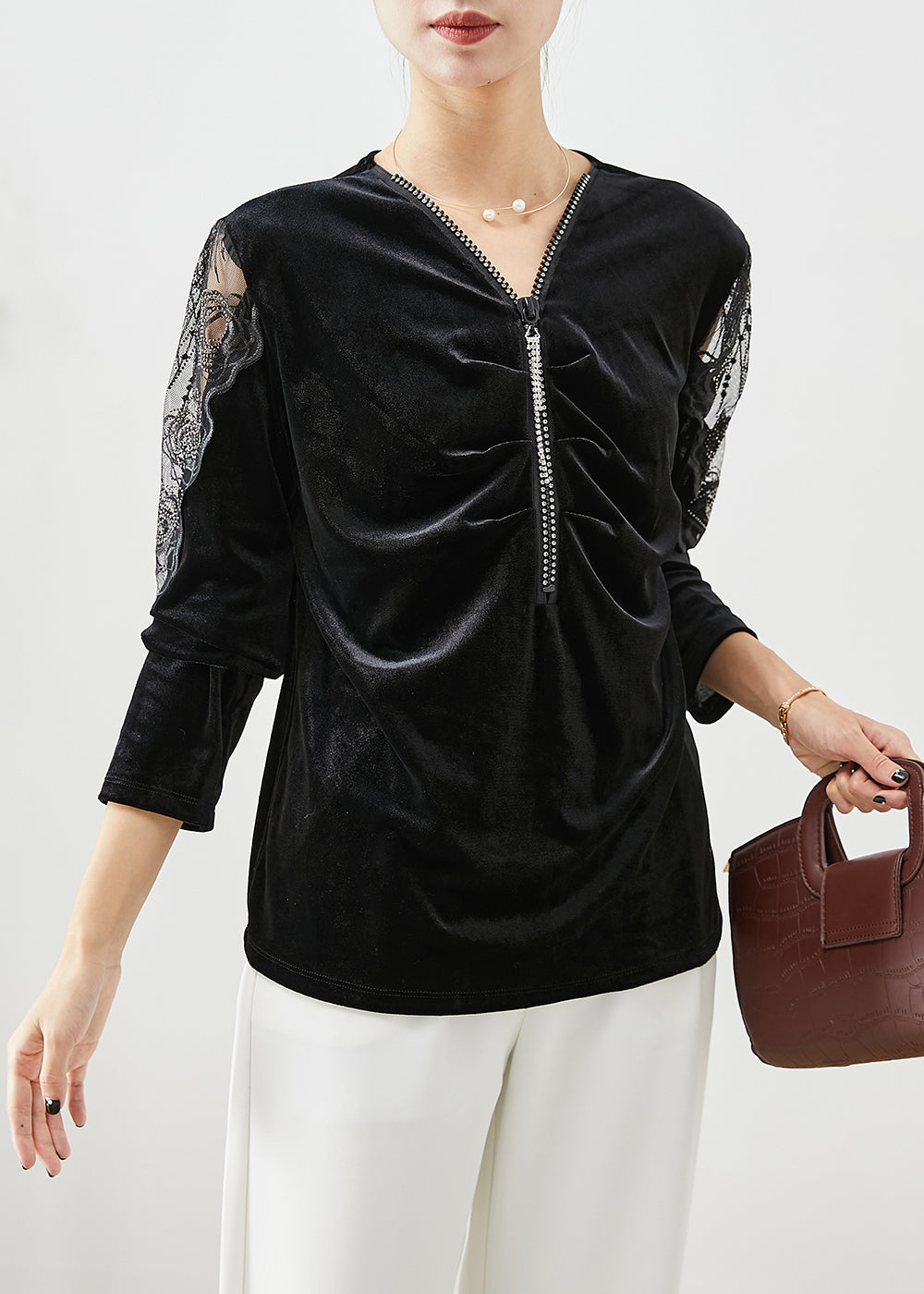 Black V Neck Hollow Out Silk Velour Blouses Fall