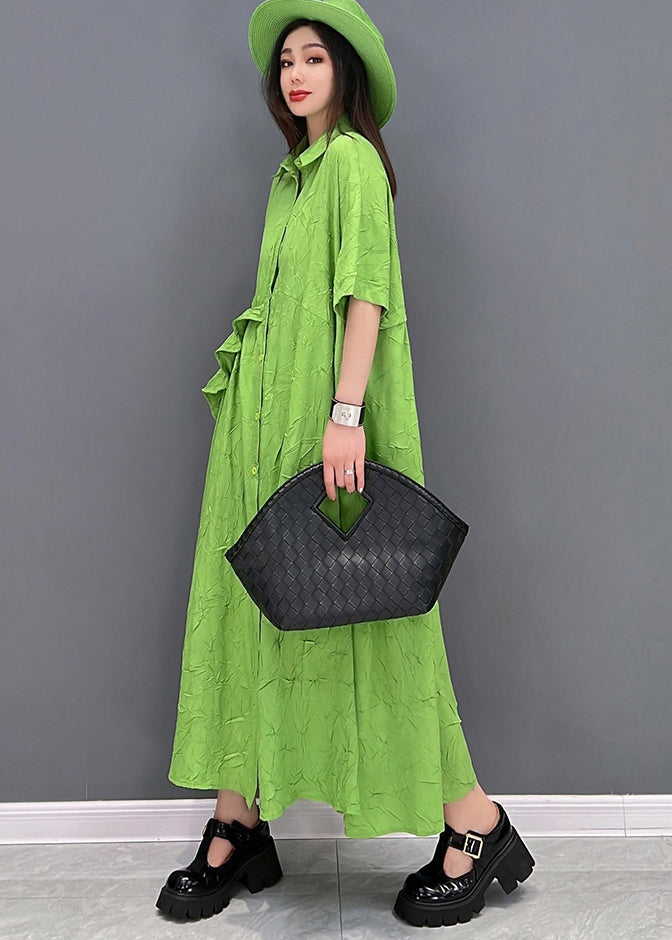 Green Peter Pan Collar Asymmetrical Design Ruffled Vacation Dresses Short Sleeve