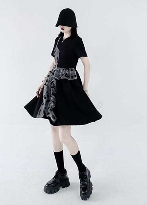 French Black O-neck Asymmetrical Design Patchwork Ruffles Cotton Fake Two Pieces Pleated Dresses Summer