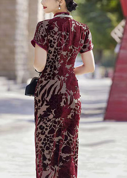 New Wine Red Button Side Open Silk Velour Long Dress Summer